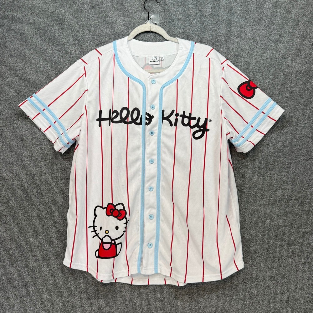 Hello Kitty Baseball Jersey Women XXL White Pinstripe Graphic Sanrio Sporty Top
